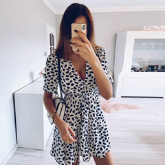 White Sand Spot Mini Summer Dresses Women V Neck Casual Beach Sundress Sexy Botton Wrap Bodycon Dress Female