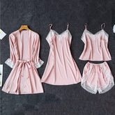 Pajamas Sexy Four-piece Suit Simulation Silk Suspender Nightgown with Chest Pad Ladies Can Wear Nightdress
