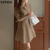VONDA Elegant Dresses For Women 2022 Sexy Solid Pleated Puff Sleeve Button A-Line Dresses Bohemian Party Vestidos Summer Plus Size Dresses