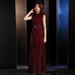 Ladies Small High Neck Fashion Party Dress Sequined Party Evening Dress Crimson Sleeveless Dress Dress