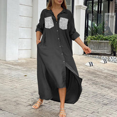 ZANZEA ladies European and American style sequin design temperament lapel long sleeves irregular hem and ankle skirt fashion trend elegant shirt skirt loose spring and autumn daily casual bohemian vacation style shirt dress large size