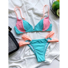Explosive Ladies Swimsuit Bikini Solid Color Stitching Ribbon Bikini Swimsuit Split