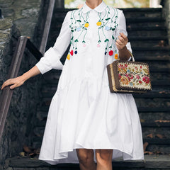 ZANZEA ladies European and American style temperament simple flower embroidered shirt skirt lapel long sleeve knee-length skirt fashion trend elegant loose spring and summer daily casual bohemian vacation style long A-line dress in large size