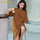 Sleeping Dress 100% Cotton Punk Style Letter Printing Green Nightgown Long Sleepshirt Size Chic Nightwear Home Clothing