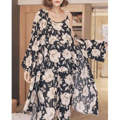 بدلة خدمة منزلية للسيدات اليابانية مكونة من ثلاث قطع حبال طباعة نباتية + بنطلون + طقم بيجامة للسيدات ثوب نوم