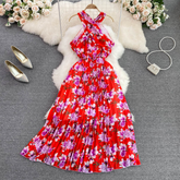 Seaside holiday beach dress suspenders floral chiffon dress elegant waist slimming sleeveless large dress