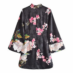 Women Chinese Traditional Floral Printed Qipao Button Up Long Sleeve Mini Dresses Female Elegant Party Dresses