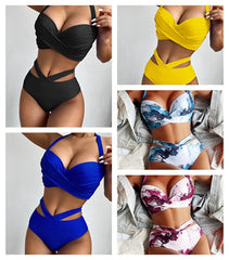 European and American New Bikini Underwire Fashion Sexy Digital Printing High Waist Split Bikini