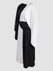 Elegant satin dress with black and white contrast stitching