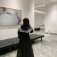 Korean Chic Hepburn Style French Style Temperament Vintage Lace Crochet Embellished Large Lapel Slimming Elegant Dress for Women