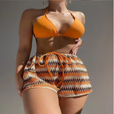 New Striped Knit Shorts Sports Triangular Bag Three-piece Swimsuit Set