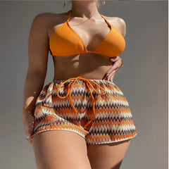 New Striped Knit Shorts Sports Triangular Bag Three-piece Swimsuit Set