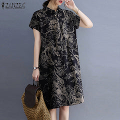 ZANZEA ladies Japanese and Korean literature and art print style ladies shirt skirt collar short-sleeved short skirt fashion trend elegant knee-length skirt spring and autumn daily leisure vacation style long dress in large size