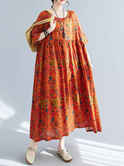 Thin and comfortable casual fat mm large size women's literary retro dress 2023 summer new national style round neck pullover short-sleeved dress