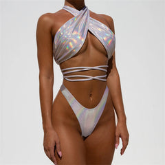 New Silver Bikini Personality Strap Halter Swimsuit