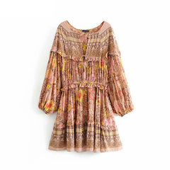 فستان نسائي قصير من Happie Queens مطبوع عليه زهور بأربطة وشرابة للشاطئ بوهيمي فستان قصير للسيدات بياقة على شكل V وكشكشة صيفي بوهو فستان فيستيدوس