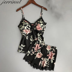 Jerrinut النساء ملابس خاصة بيجامة من الحرير مجموعة قمصان النوم مثير الملابس الداخلية الصيف الحرير الساتان الدانتيل أكمام ملابس المنزل مع وسادة الصدر