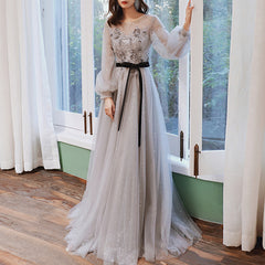 Ladies applique small tail party evening dress banquet party dress fashion long-sleeved tie party dress