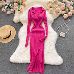 SINGREINY Women Korean Knitted Dress Long Sleeve V Neck Elastic Slim Pencil Dresses 2021 Autumn Sexy Bodycon Split Sweater Dress