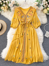 Women's Summer Boho Vintage Folk Style Embroidered V Neck Tie Waist Thin Puff Sleeves Holiday Dress