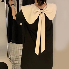 Large size front and back two wear 2023 summer new niche design big bow tie color doll collar slim dress 3*22