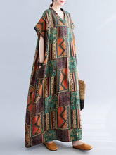 Women's large size women's summer new cotton and linen retro V-neck cotton and linen comfortable long robe to cover the meat dress long skirt