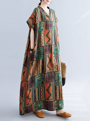 المرأة حجم كبير المرأة الصيف الجديدة القطن والكتان الرجعية الخامس الرقبة القطن والكتان رداء طويل مريح لتغطية اللحوم فستان تنورة طويلة