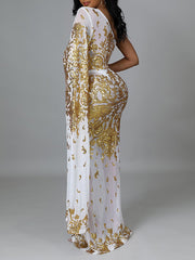 European and American plus-size women's sexy nightclub mature style fashion temperament elegant oblique shoulder bag hip long-sleeved dress high-quali