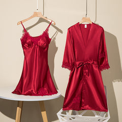 Pajamas women's summer ice silk nightgown sexy two-piece nightdress suspender bathrobe