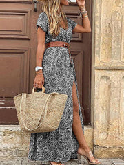 فستان بوهو طويل للنساء موضة رقبة على شكل V وأكمام قصيرة فساتين مطبوعة بيزلي فستان صيفي بحاشية كبيرة للشاطئ فستان ماكسي أنيق