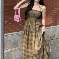 Plaid Millennium Bug Long Daily Chic Sundress Beach Body Slim Pullover Design Fashion Summer Dress Women 2023 Korean Style