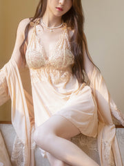 Women's Pajamas Lace Deep V Sling Nightdress Nightgown Homewear Set