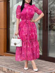 Rose Red Printed Half Turtleneck Dress