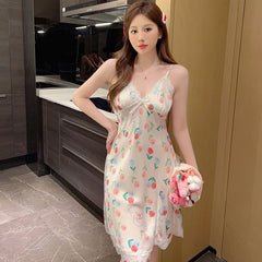 pajamas2023 new ice silk nightgown women's V-neck slimming large size Japanese printed sexy skirt wholesale