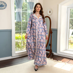 Islamic Ramadan Dress Suit Collar Kaftan Middle East Ethnic Print Hot Diamond Jalabiya Rhinestone Elegant Long Dress