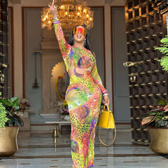 2023 النمط الأوروبي والأمريكي مثير الجولة الرقبة نحيل الجوف فستان طويل Pteris طباعة كم طويل الورك تنّورة مجسّمة الشارع العصرية فستان المرأة