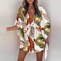 فستان قصير غير رسمي لقضاء العطلات على الشاطئ بوهو للنساء فساتين صيفية مطبوعة بأربطة وأكمام تشبه جناح الخفّاش للنساء رداء نسائي فضفاض