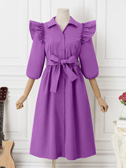 فساتين طويلة أنيقة بلون سادة من ZANZEA للنساء رداء خصر واحد على الموضة مع طية صدر السترة وكشكشة كتف فيستيدوس للعطلات رداء ميدي