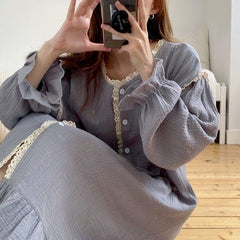 QWEEK Cotton Sleepwear Women Korean Nightdress Autumn Long Dress Nightgown Lace Nightie Long Sleeve Nightwear Female Loungwear