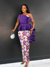 AOMEI Purple Dress Printed Patchwork One Shoulder Ruffles Bodycon Women Evening Birthday Party Event Gowns Large