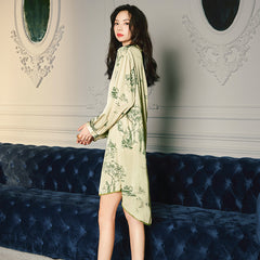 Satin Chiffon Pajamas Ladies Summer V Neck Green Shirt Dress Homewear