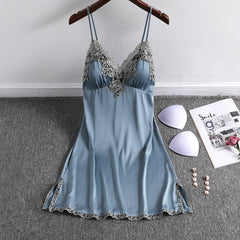 Summer new sexy ice silk suspenders nightdress with chest pad pajamas ladies silk home clothes Korean version girlfriends