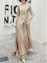 Ladies Long V-neck Sleeve Party Evening Dress Champagne Sequin Party Dress