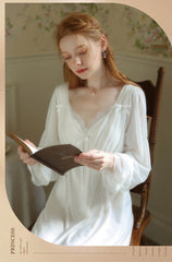 Women Ladies Spring Sleepwear Long Sleeve Cotton Victorian Nightgowns Pajamas Ruffles V-Neck Vintage Nightdress