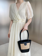 Elegant V-neck short-sleeved chiffon dress ladies Chinese buckle waist length dress ladies gentle casual wear Summer