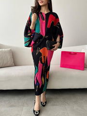 Multicolor Print Elegant Pleated Stretch V-Neck Dress