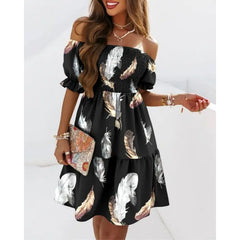 New style tube top short-sleeved neckline waist pleated print dress women