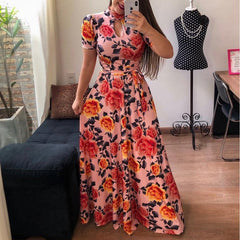Elegant Hollow Design Short Sleeve Dress Ladies Summer Flower Leopard Print Casual Slim Belt Robe