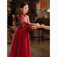 Chinese style cheongsam toast suit bride pregnant women high waist large size fat mm winter cover belly Xiuhe red wedding dress