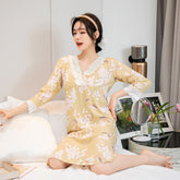 Spring 2021 long sleeve printed pajamas V neck lace floral graffiti soft silk nightdress small fresh home wear